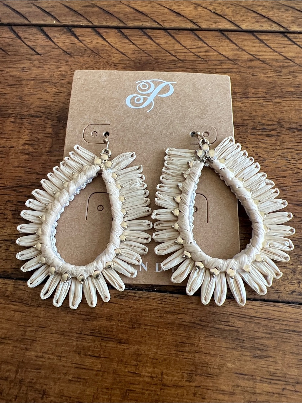 Plunder Cream Beaded Teardrop Fringe Earrings with Gold Accents